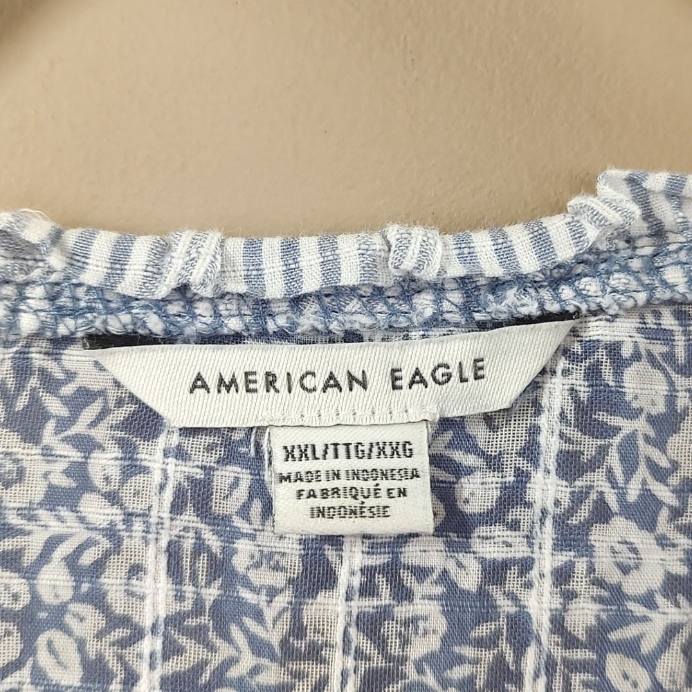American Eagle Women XXL Blue Floral Stripe Mixed Print Babydoll Blouse Top - Picture 3 of 8